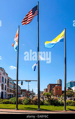 American National. State and City flags fly over Nashville Stock Photo