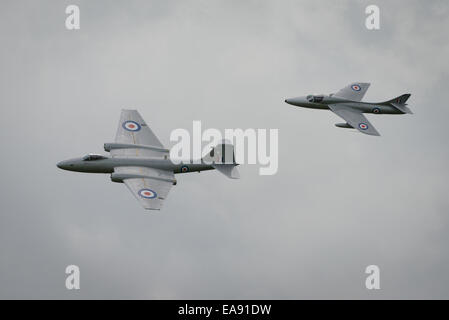 Cosford, UK - 8 June 2014: MidAir Squadron's English Electric Canberra, XH134 and Hawker Hunter T7, displaying at the RAF Cosfor Stock Photo