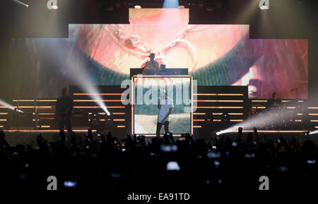 Mannheim, Germany. 8th Nov, 2014. German rapper Cro performs on stage in Mannheim, Germany, 8 November 2014. Cro was performing his first concert on his current Mellow-tour in Germany. Photo: Ronald Wittek/dpa/Alamy Live News Stock Photo