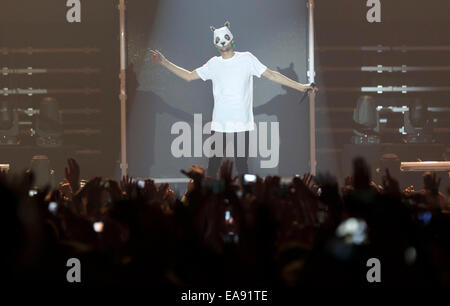 Mannheim, Germany. 8th Nov, 2014. German rapper Cro performs on stage in Mannheim, Germany, 8 November 2014. Cro was performing his first concert on his current Mellow-tour in Germany. Photo: Ronald Wittek/dpa/Alamy Live News Stock Photo