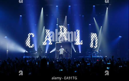 Mannheim, Germany. 8th Nov, 2014. German rapper Cro performs on stage in Mannheim, Germany, 8 November 2014. Cro was performing his first concert on his current Mellow-tour in Germany. Photo: Ronald Wittek/dpa/Alamy Live News Stock Photo