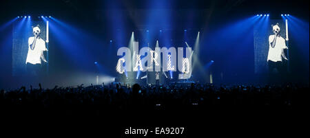 Mannheim, Germany. 8th Nov, 2014. German rapper Cro performs on stage in Mannheim, Germany, 8 November 2014. Cro was performing his first concert on his current Mellow-tour in Germany. Photo: Ronald Wittek/dpa/Alamy Live News Stock Photo