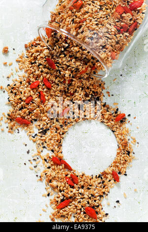 Granola with chia seeds, flax seeds, sesame seeds and goji berries Stock Photo