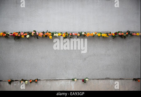 Berlin, Germany. 9th Nov, 2014. Flowers are placed in a gap of the Berlin Wall memorial in Berlin, Germany, 9 November 2014. Numerous events are taking place to commemorate the 25th anniversary of the fall of the Berlin Wall. Photo: Kay Nietfeld/dpa/Alamy Live News Stock Photo
