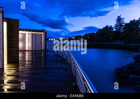 Dusk after the storm on a private wharf of a luxury hotel on Lake Neuchatel Stock Photo