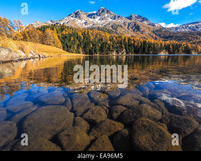 Autumn reflections on the lake Silvaplana, Engadine Saint Moritz, Switzerland Stock Photo