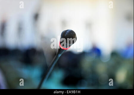 Close up with a press conference microphone Stock Photo