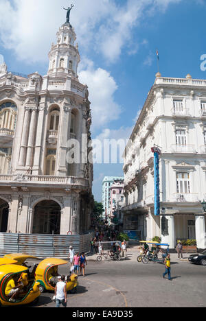 Parked coco taxis waiting for tourist business on the Paseo del Prado in Havana Cuba Stock Photo