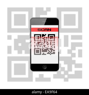 Mobile Smart Phone with QR Code Isolated on White Background. Highly Detailed Illustration. Stock Photo