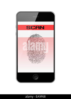 Mobile Smart Phone with Fingerprint of Thumb Isolated on White Background. Highly Detailed Illustration. Stock Photo