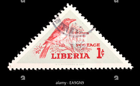 Postage stamp from Liberia depicting a pepper bird (Pycnonotus barbatus), national bird of Liberia Stock Photo