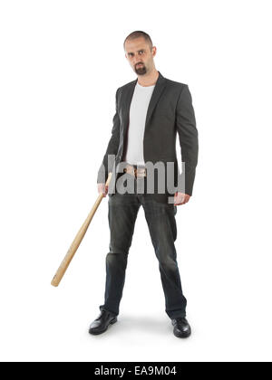 Angry looking man with bat, isolated on a white background Stock Photo