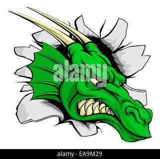 Dragon sports mascot breakthrough concept of a dragon sports mascot or character braking out of the background or wall Stock Photo