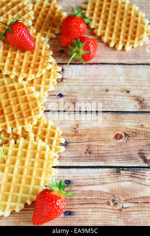 Waffles with strawberries on the boards, tasty food Stock Photo