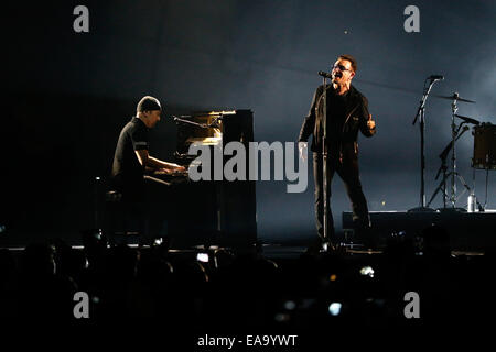 Glasgow, Scotland, UK. 09th Nov, 2014. The Edge (l-r), Bono and Larry Mullen jr. of U2 perform during the 20th MTV EMA show in Glasgow, UK, on 09 November 2014. Credit:  dpa picture alliance/Alamy Live News Stock Photo