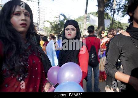 Dhaka, Bangladesh. 10th Nov, 2014. The Hijra (transgender) community in Dhaka has demanded to be properly recognized as the 'third gender'' as per the legal framework. They came up with the demand observing day long program styled as 'Hijra Pride 2014' on Monday, November 10, 2014. The Hijra leaders also urged the government to ensure safety and basic rights for the community. Credit:  ZUMA Press, Inc./Alamy Live News Stock Photo