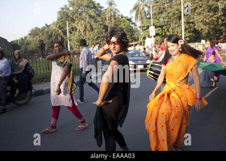 Dhaka, Bangladesh. 10th Nov, 2014. The Hijra (transgender) community in Dhaka has demanded to be properly recognized as the 'third gender'' as per the legal framework. They came up with the demand observing day long program styled as 'Hijra Pride 2014' on Monday, November 10, 2014. The Hijra leaders also urged the government to ensure safety and basic rights for the community. Credit:  ZUMA Press, Inc./Alamy Live News Stock Photo