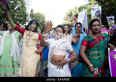 Dhaka, Bangladesh. 10th Nov, 2014. The Hijra (transgender) community in Dhaka has demanded to be properly recognized as the 'third gender'' as per the legal framework. They came up with the demand observing day long program styled as 'Hijra Pride 2014' on Monday, November 10, 2014. The Hijra leaders also urged the government to ensure safety and basic rights for the community. Credit:  ZUMA Press, Inc./Alamy Live News Stock Photo