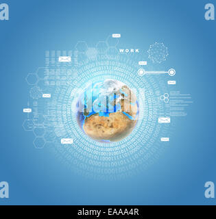 Earth, cirlce of figures, hexagons and envelopes Stock Photo