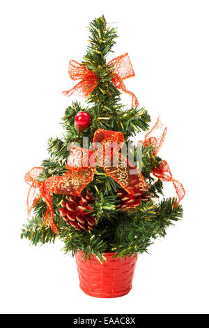 small Christmas tree with bows and cones over white background Stock Photo