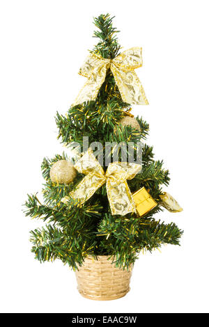 small christmas tree with gifts, bows and balls on white background Stock Photo