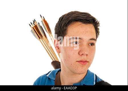 Boy archer with blue shirt and arrows in closeup Stock Photo