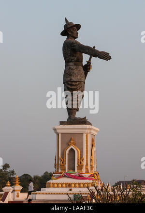 Sunset at Chao Anouvong Statue Vientiane, capital of Laos, South East Asia, Asia, Stock Photo