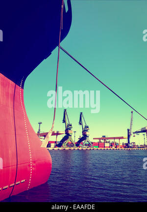 A bow of a ship with water depth gauge.  Vintage toned photo. Stock Photo