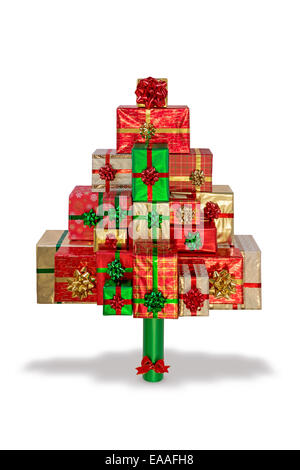 A Christmas tree made from gift wrapped presents, isolated on a white background with clipping path. Stock Photo