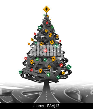 Creative Christmas tree made from a group of tangled roads and highways with traffic signs as decoration ornaments  as a symbol Stock Photo