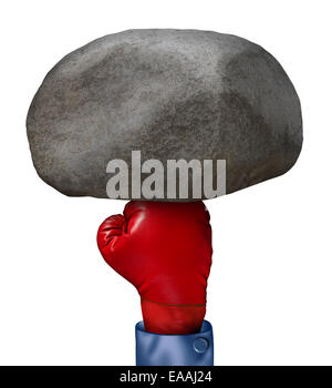 Power solution business concept as a red boxing glove punching a huge rock boulder as a success metaphor for overcoming obstacles and the problem of dealing with a burden isolated on a white background. Stock Photo