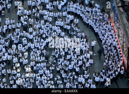 New York, USA. 10th Nov, 2014. Bandsmen perform during a mass band performance one day before the NYC Veterans Day Parade in New York City, the United States, Nov. 10, 2014. Credit:  Wang Lei/Xinhua/Alamy Live News Stock Photo