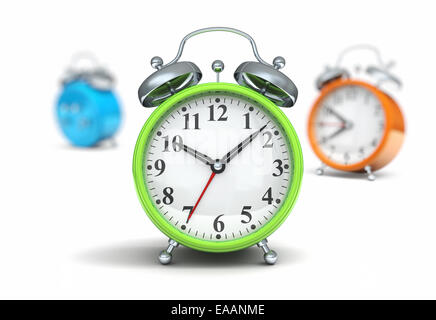 Green alarm clock in focus Stock Photo