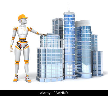 Android and office buildings on white background Stock Photo