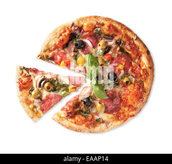 Delicious whole pizza isolated on white background Stock Photo