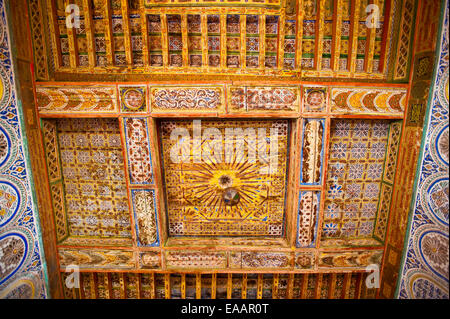 Horizontal close up of the beautiful saffron painted ceiling inside Kasbah Taourirt in Ouarzazate. Stock Photo