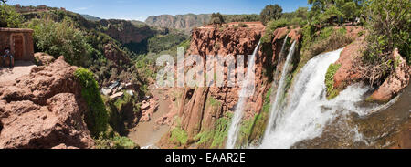 Horizontal aerial panoramic view (2 picture stitch) of Cascades d'Ouzoud on a sunny day. Stock Photo