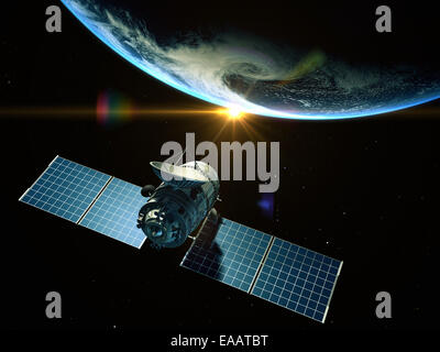 Satellite is orbiting around the Earth Stock Photo