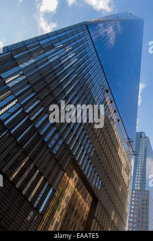 one world trade centre looking upwards at a sharp angle on a sunny day Stock Photo