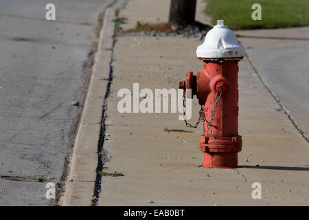 Red and white painted fire hydrant standing watch on a city street in the United States of America. Stock Photo