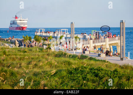 Miami Beach Florida,South Pointe Park Pier,Atlantic Ocean,water,dune grass,natural,turtle light towers,FL140823042 Stock Photo