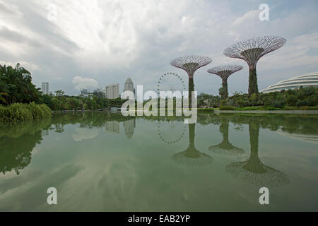 Unique artificial trees, city skyscrapers & observation wheel reflected in calm water of lake at Gardens By The Bay in Singapore Stock Photo