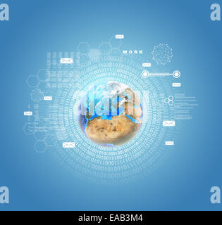 Earth, cirlce of figures, hexagons and envelopes Stock Photo