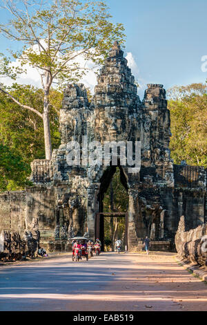 Cambodia, Angkor Thom, South Gate.  Late Afternoon Traffic. Stock Photo