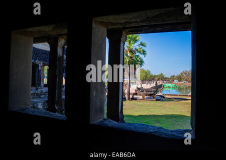 Cambodia, Angkor Wat.  Inside the Temple Looking toward the Causeway leading to the Western Entrance. Stock Photo