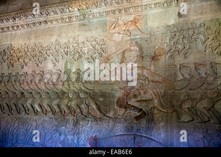 Cambodia, Angkor Wat.  Vishnu on Mount Mandara, leading the gods and the demons in the Churning the Sea of Milk. Stock Photo