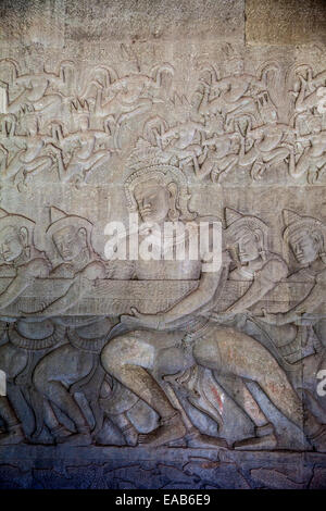 Cambodia, Angkor Wat.  Gods Churning the Sea of Milk, from the Hindu Creation Myth, the Bhagavata-Purana. Stock Photo
