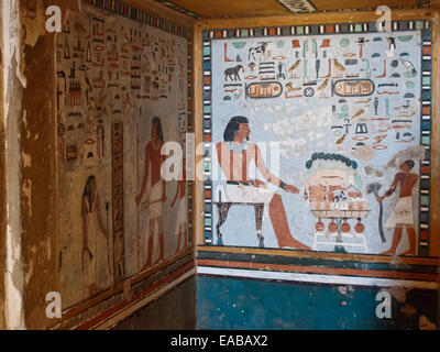 Mural painting at the Tombs of Nobles on the other side of the Nile River, Aswan Stock Photo