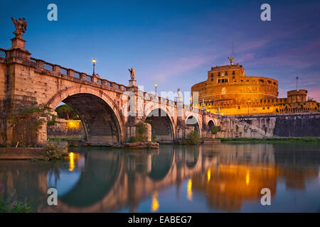 Rome. Image of the Castle of Holy Angel and Holy Angel Bridge over the Tiber River in Rome at sunrise.