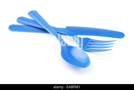 Blue disposable plastic cutlery isolated on white Stock Photo
